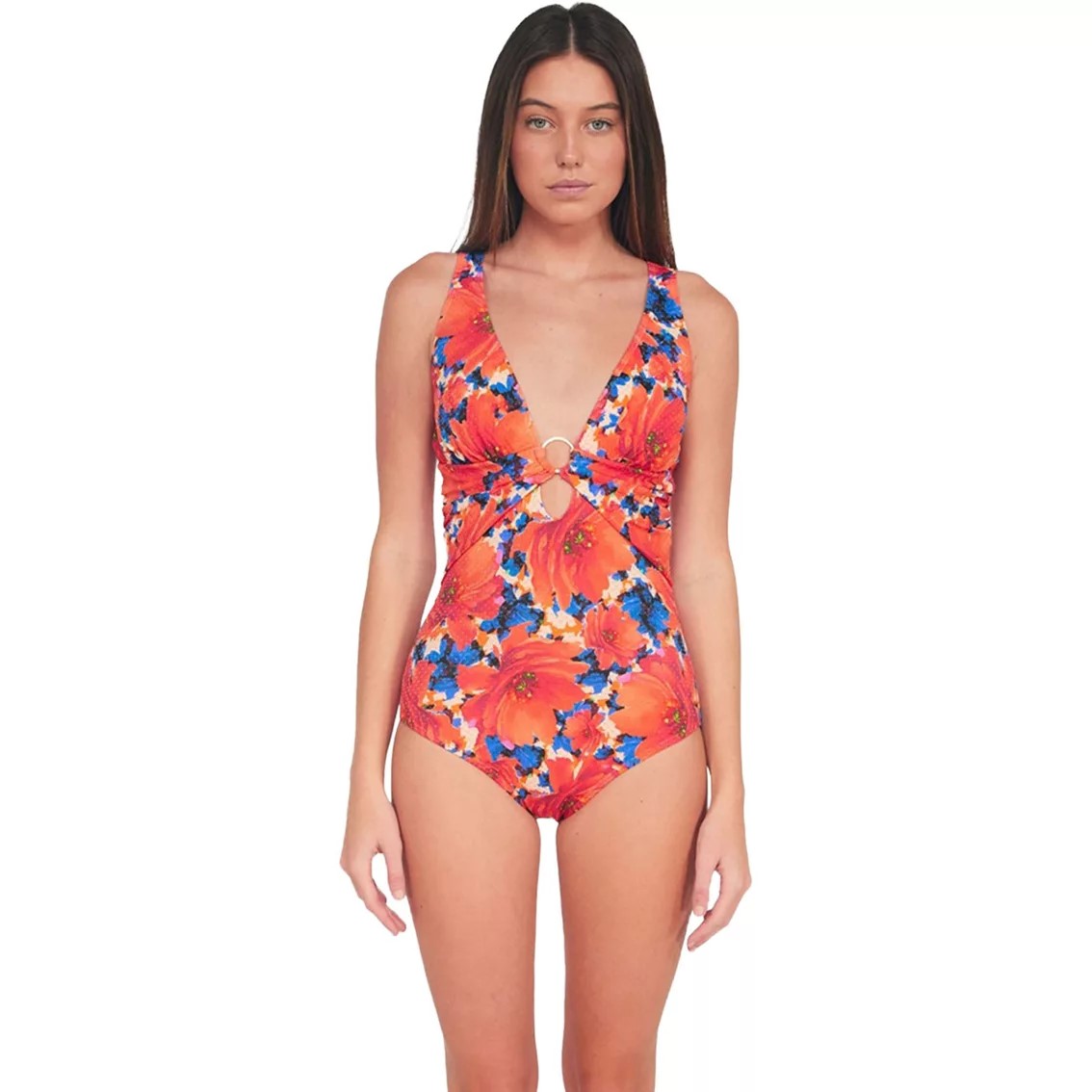 Front view of a one-piece swimsuit with a bold orange and blue floral print, modeled against a white background.