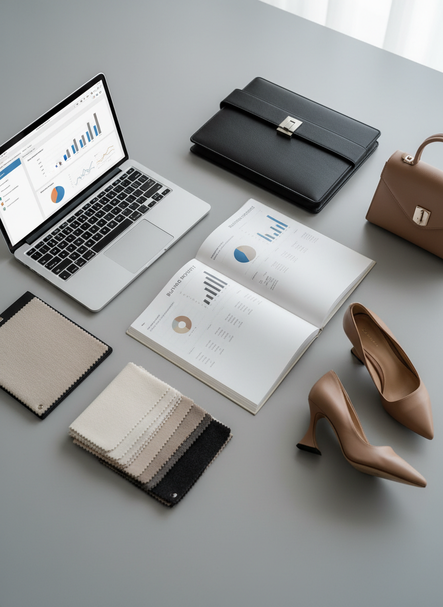 A meticulously arranged flat lay of luxury fashion buying essentials on a smooth dove-grey tabletop: an open high-end buying report printed on thick matte paper, a sleek silver laptop displaying a clean merchandising dashboard, fabric swatch books in muted neutrals, and an elegant black leather portfolio with subtle stitching. Nearby, a structured nude-toned handbag and a single pair of sculptural heels sit as hero products. Soft, diffused daylight from an unseen window washes across the scene, creating gentle shadows and refined highlights. Photographic realism with a clean, minimalist aesthetic, shot from a perfectly overhead bird’s-eye view, shallow depth of field at the edges, conveying sophistication, precision, and strategic thinking in fashion buying.