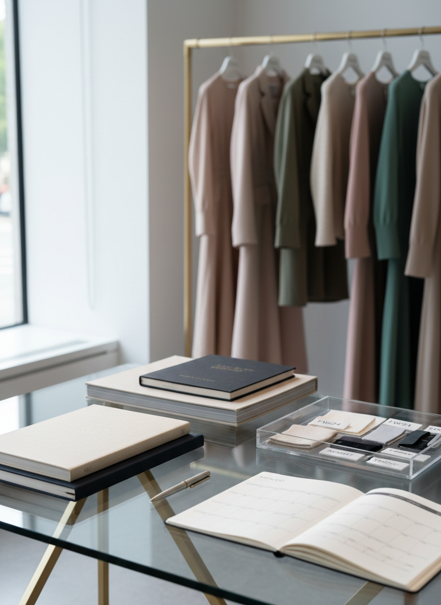 A pristine, glass-topped buying desk in a contemporary fashion showroom, holding a precisely stacked selection of premium lookbooks with textured covers, a crystal-clear acrylic tray of neatly labeled buying samples, and a metal pen aligned beside an open planner filled with structured buying calendars. Behind the desk, elegant, color-coordinated garments hang on a brushed brass rail, slightly out of focus. Cool, natural daylight streams in from floor-to-ceiling windows, casting soft reflections on the glass and metallic details. Photographic realism, eye-level composition with rule-of-thirds framing, crisp focus on the desk, and a subtle bokeh background. The mood is polished, professional, and quietly luxurious, reflecting a sophisticated senior assistant fashion buyer’s workspace.