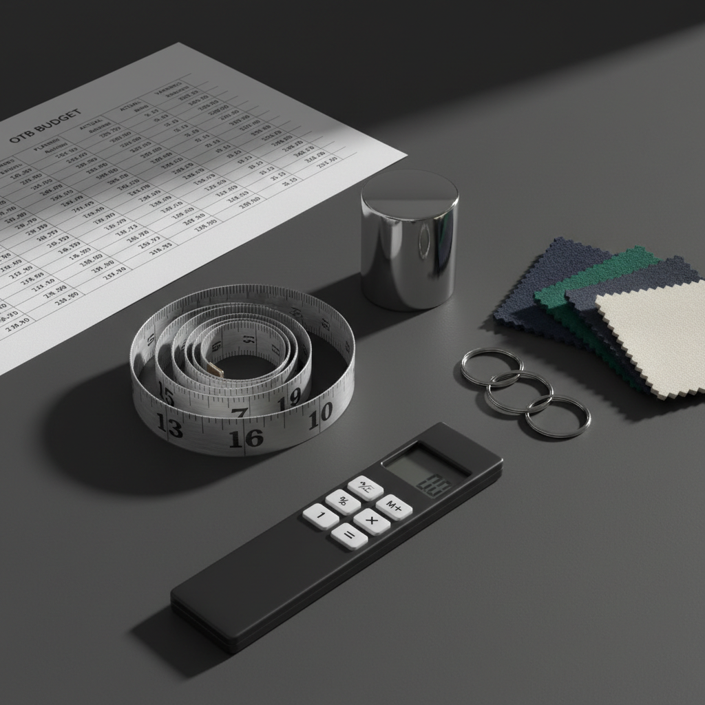 A high-resolution close-up of a refined buying toolkit laid out on a matte charcoal surface: a luxury tape measure with satin finish, a chrome-plated fabric weight, precision-tailored fabric swatches clipped onto minimal metal rings, and a slim calculator with a minimalist design. In the upper corner, the corner of a printed OTB (open-to-buy) budget sheet peeks into frame, showing neat columns of numbers and subtle gridlines. Side lighting from a single soft studio source creates dramatic, controlled highlights and delicate, directional shadows that sculpt each object. Photographic realism, macro-style composition with extreme detail and shallow depth of field, focusing on tactile surfaces and metallic gleam. The mood is analytical yet elegant, revealing the technical precision behind sophisticated fashion buying decisions.