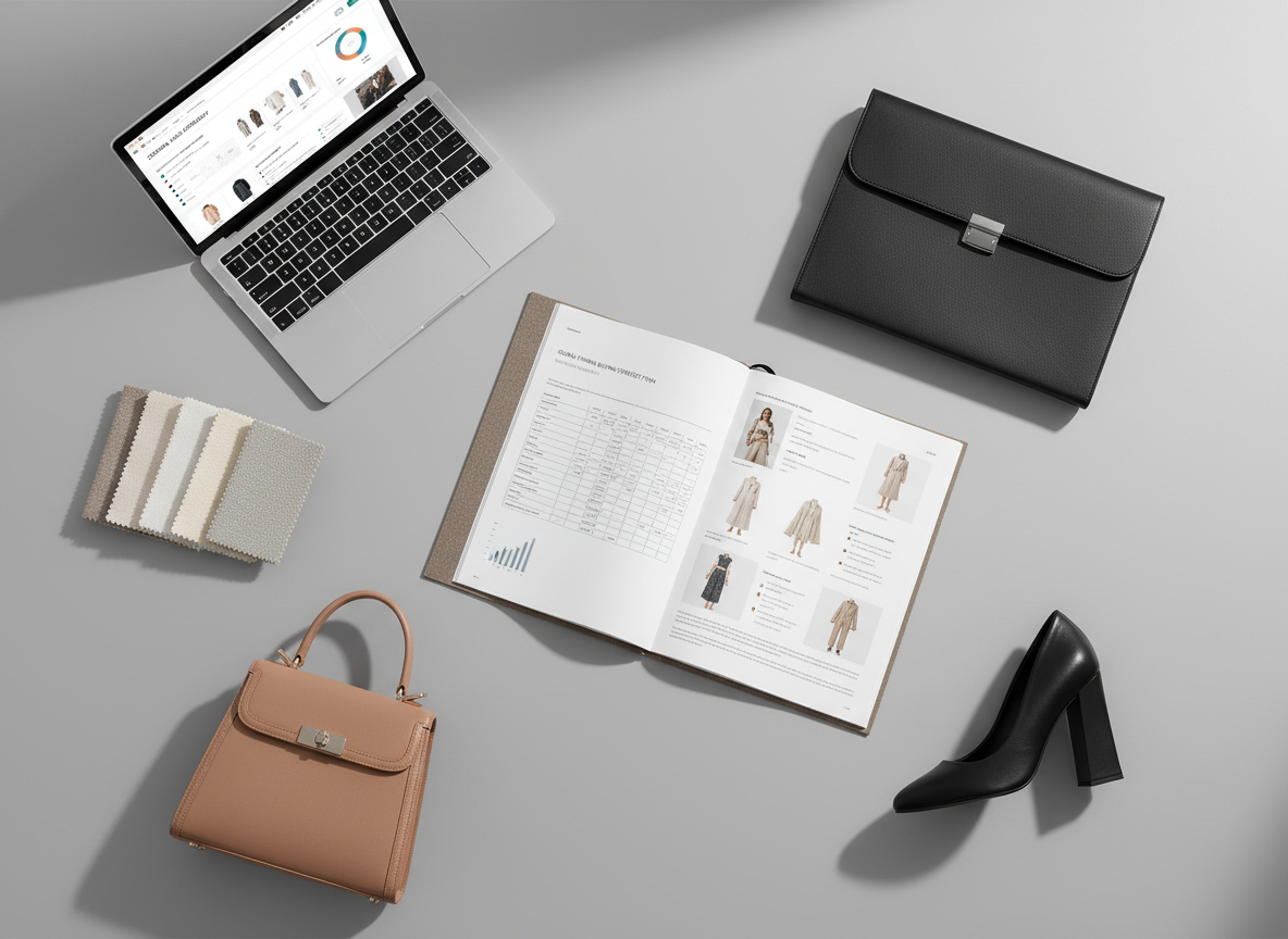 A meticulously arranged flat lay of luxury fashion buying essentials on a smooth dove-grey tabletop: an open high-end buying report printed on thick matte paper, a sleek silver laptop displaying a clean merchandising dashboard, fabric swatch books in muted neutrals, and an elegant black leather portfolio with subtle stitching. Nearby, a structured nude-toned handbag and a single pair of sculptural heels sit as hero products. Soft, diffused daylight from an unseen window washes across the scene, creating gentle shadows and refined highlights. Photographic realism with a clean, minimalist aesthetic, shot from a perfectly overhead bird’s-eye view, shallow depth of field at the edges, conveying sophistication, precision, and strategic thinking in fashion buying.