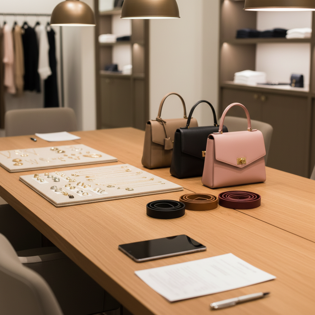 A polished oak conference table set for a buying appointment in a high-end showroom, covered with a meticulously ordered array of sample accessories: structured handbags in taupe, black, and soft blush, Italian leather belts coiled with precision, and jewelry samples displayed on linen-covered boards. Beside them, printed order forms, a closed slim tablet, and a single, understated fountain pen rest in clean alignment. Overhead, warm but controlled pendant lighting creates soft pools of light that accentuate the textures of leather and metal hardware, while the background dissolves into a gentle blur of neatly arranged garment racks. Photographic realism, shot at a slightly oblique angle with shallow depth of field, creating an intimate, sophisticated atmosphere that evokes decisive, well-informed buying.