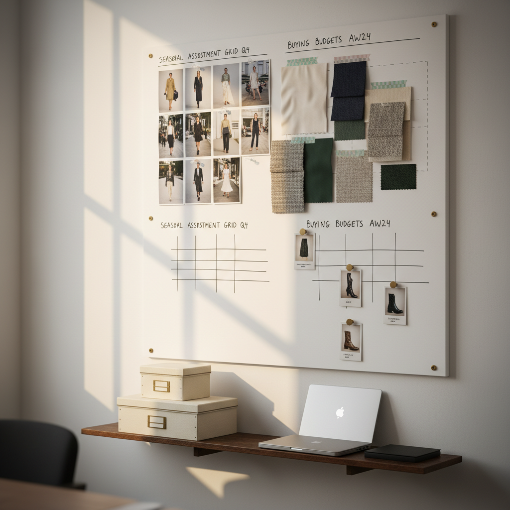 An elegant whiteboard wall in a fashion buying office covered with organized moodboards: printed runway imagery, fabric swatches taped with washi, neatly written buying budgets, and seasonal assortment grids in monochrome ink. Thin brass magnets hold up small, labeled polaroid-style product shots. Below, a narrow console shelf supports stacked archival boxes and a closed laptop with a brushed metal finish. Soft afternoon light filters diagonally across the wall, catching the subtle textures of paper and fabric, while the rest of the room falls into a gentle vignette. Photographic realism, shot from a straight-on eye-level perspective with asymmetrical framing, allowing negative space on one side. The mood is contemplative, strategic, and aesthetically refined, capturing the planning side of senior assistant fashion buying.