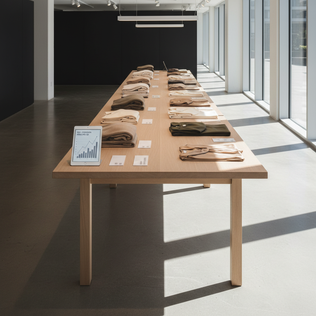 A long, minimalist merchandising table in a bright, modern showroom, displaying a curated edit of neutral-toned garments neatly folded with precise spacing: cashmere sweaters, tailored trousers, and silk blouses stacked in cohesive color stories. At one end of the table, a slim tablet shows a clean sell-through analysis chart, while discreet price tags with refined typography sit beside each stack. Soft, diffused overhead lighting combined with natural side light from tall windows creates delicate highlights on fabrics and gentle, elongated shadows. Photographic realism with a slightly elevated angle, sharp focus throughout, and a balanced, airy composition. The atmosphere is calm, strategic, and highly curated, emphasizing the analytical yet aesthetic nature of fashion buying.