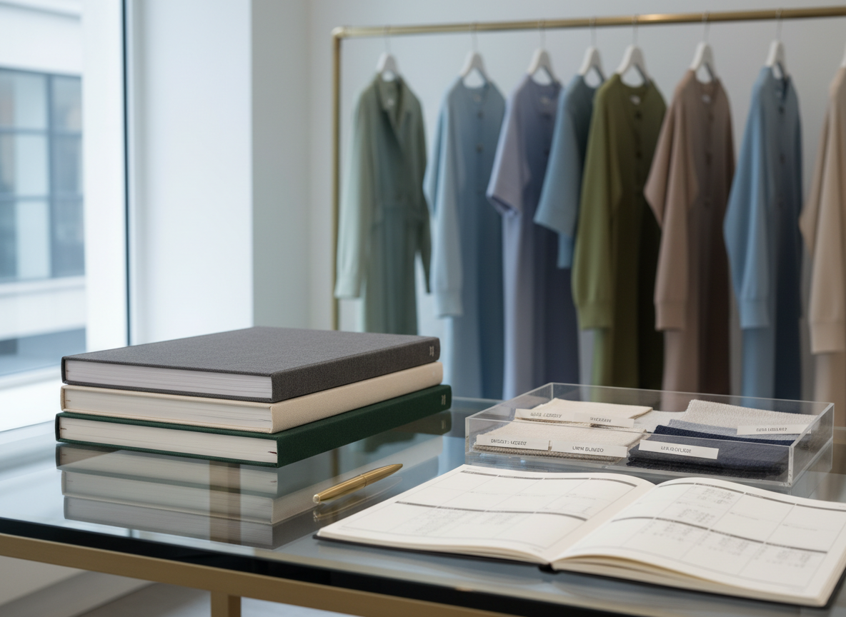 A pristine, glass-topped buying desk in a contemporary fashion showroom, holding a precisely stacked selection of premium lookbooks with textured covers, a crystal-clear acrylic tray of neatly labeled buying samples, and a metal pen aligned beside an open planner filled with structured buying calendars. Behind the desk, elegant, color-coordinated garments hang on a brushed brass rail, slightly out of focus. Cool, natural daylight streams in from floor-to-ceiling windows, casting soft reflections on the glass and metallic details. Photographic realism, eye-level composition with rule-of-thirds framing, crisp focus on the desk, and a subtle bokeh background. The mood is polished, professional, and quietly luxurious, reflecting a sophisticated senior assistant fashion buyer’s workspace.